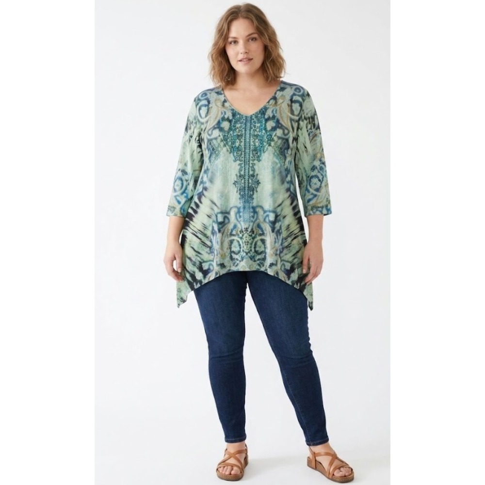 One‎ World Shark-bite Hem Tunic XL Green Rhinestone Paisley Boho 3/4 Sleeve Top